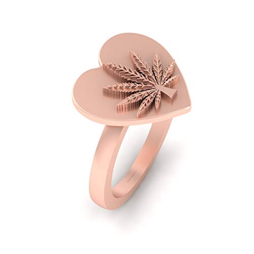 Marijuana Heart Engagement Ring Cannabis Leaf Ring Solid 18k Rose Gold Stoner Jewelry